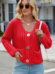 Chunky knit red cardigan with gold buttons and pockets