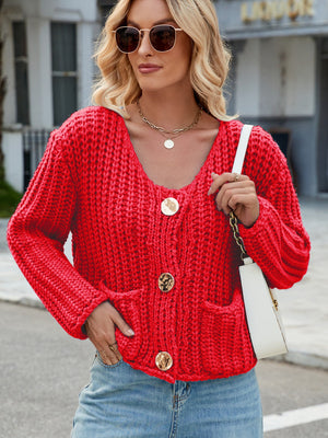 Chunky knit red cardigan with gold buttons and pockets
