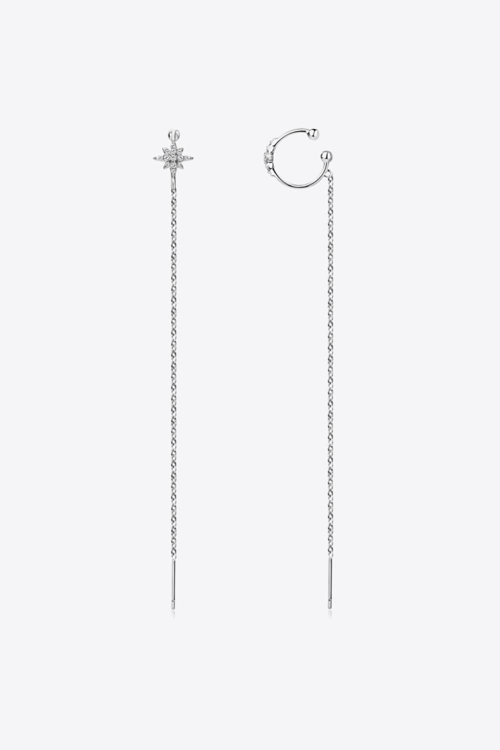Silver moissanite starburst threader earrings with chain and ear cuff