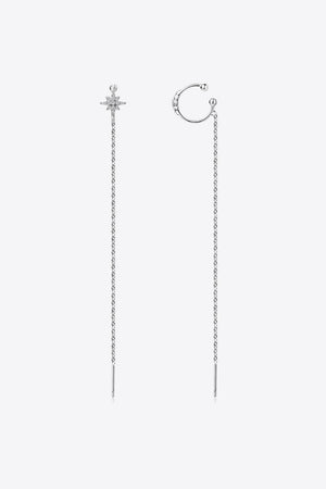 Silver moissanite starburst threader earrings with chain and ear cuff