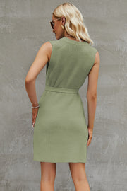 Sage belted knit tank dress with A-line cut and crew neck