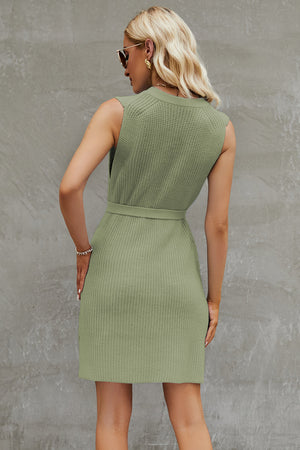 Sage belted knit tank dress with A-line cut and crew neck