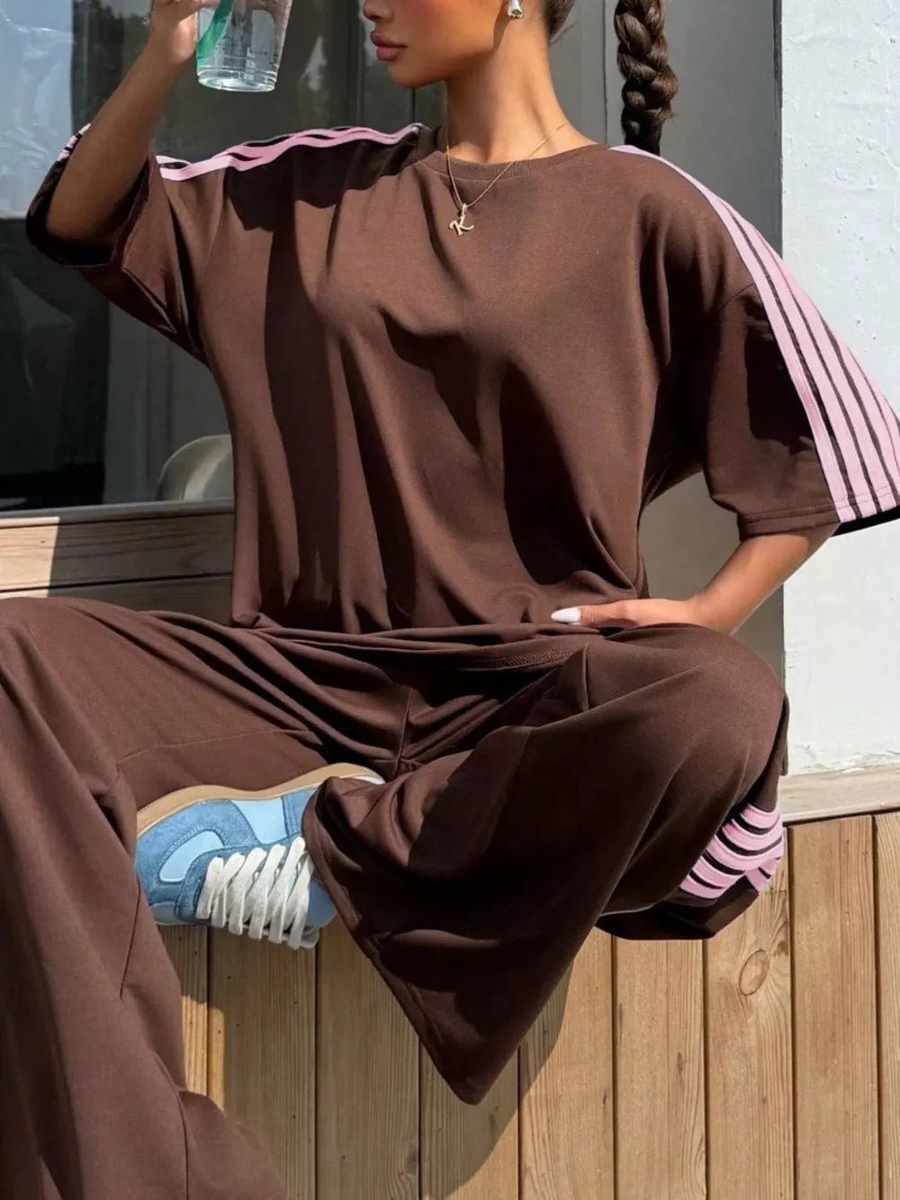 Striped Short Sleeve Top And Pants Set in Yellow, close-up detail