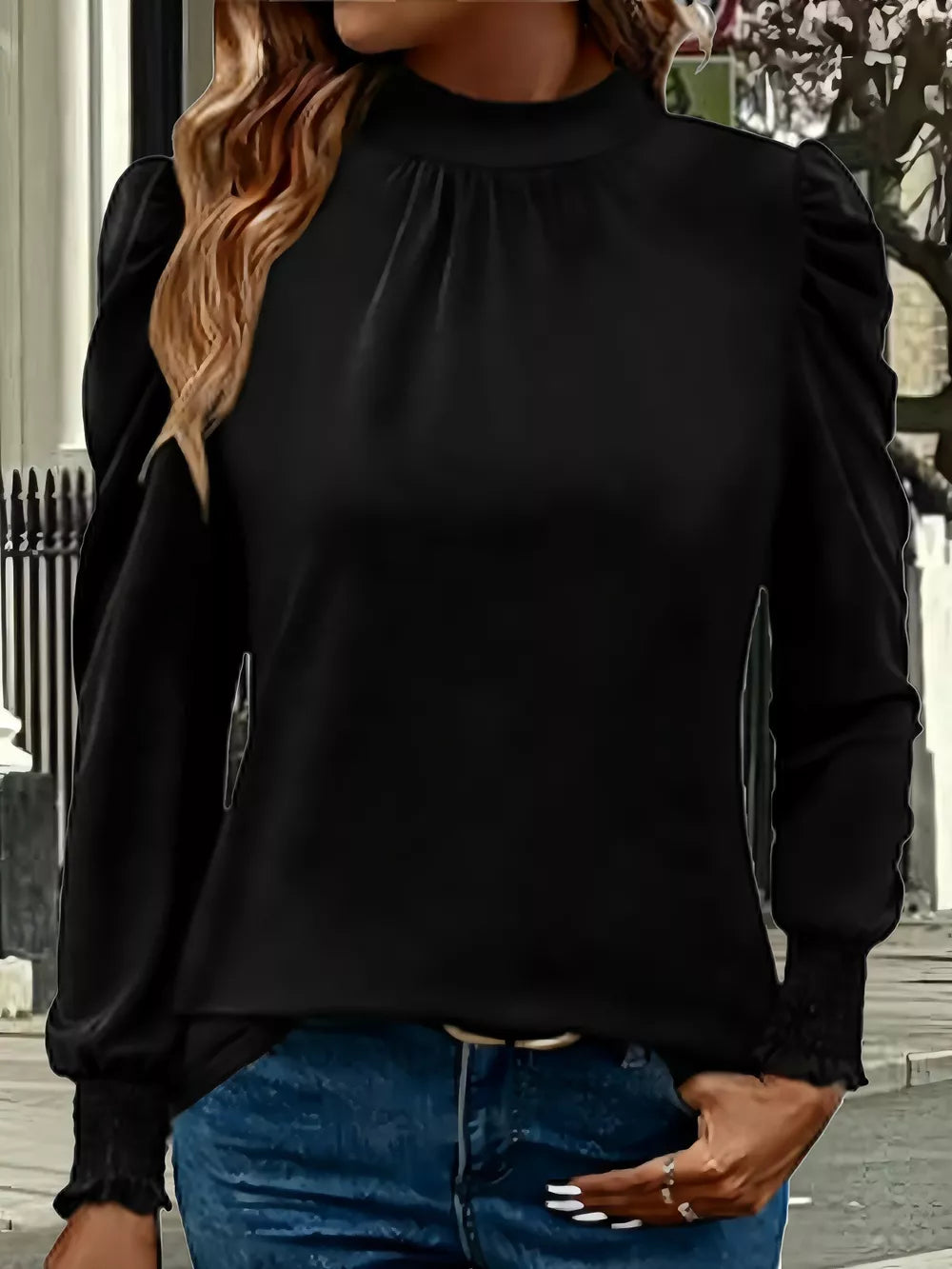 Black gathered mock neck maternity overshirt with puff sleeves and smocked cuffs
