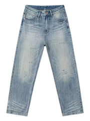 Men's relaxed wide-leg blue denim jeans with distressed details and a faded wash.