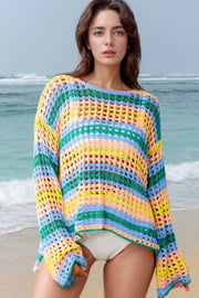 Striped crochet beach cover-up with boat neck and long sleeves in turquoise and sherbet colors.