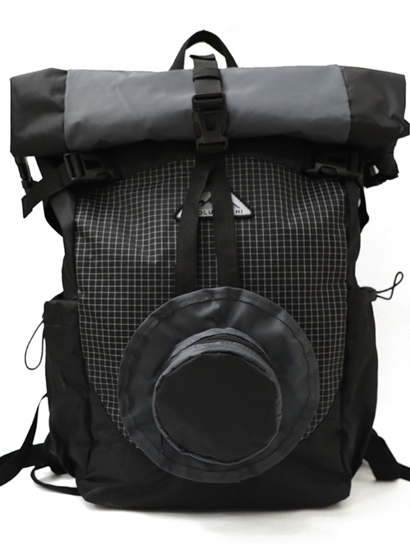 Black nylon roll-top backpack with grid pattern and circular front pocket.