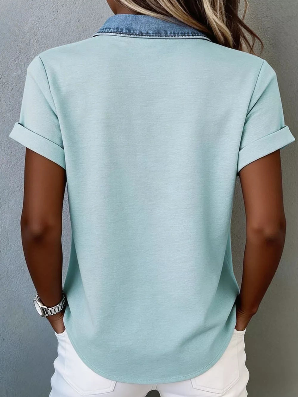Heathered short sleeve maternity shirt in Lake Blue with denim collar and rolled cuffs.