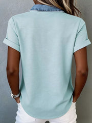 Heathered short sleeve maternity shirt in Lake Blue with denim collar and rolled cuffs.