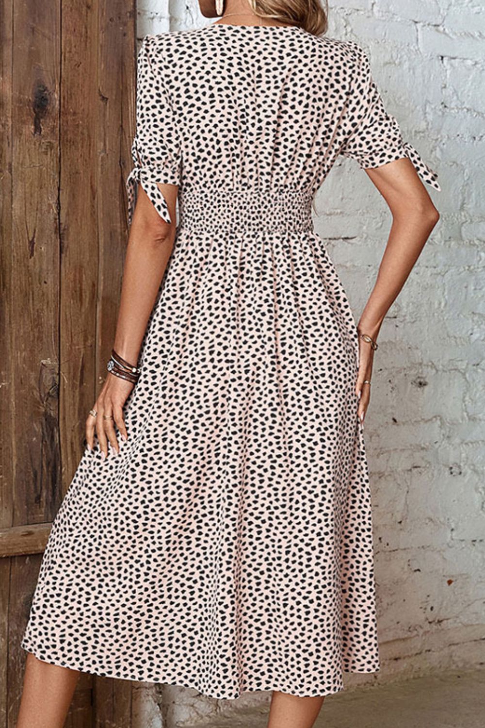 Tan spotted print smocked waist midi dress with tie sleeve detail