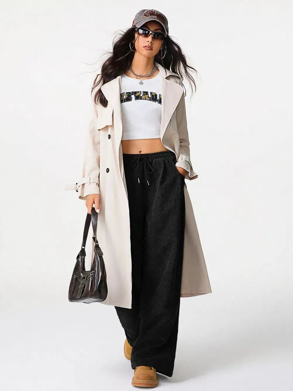 Black corduroy maternity trousers with wide legs and drawstring waist