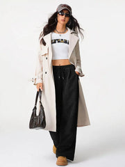 Black corduroy maternity trousers with wide legs and drawstring waist