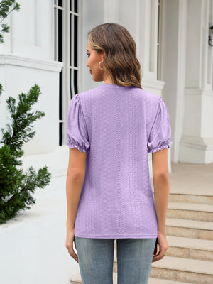 Eyelet puff sleeve v-neck blouse in lavender with textured pattern