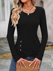 Black ribbed knit long sleeve top with round neck and asymmetric button detail