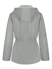 Light gray waterproof hooded zip-up jacket with drawstring waist