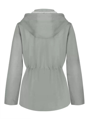 Light gray waterproof hooded zip-up jacket with drawstring waist