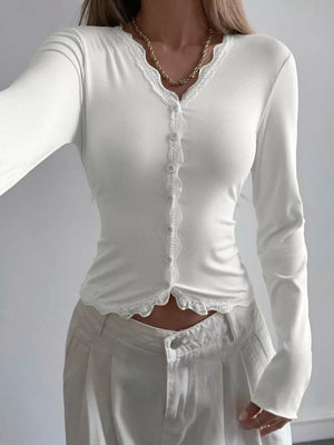 Lace Trim V-neck Ribbed Long Sleeve Blouse in Dark Blue, fabric detail