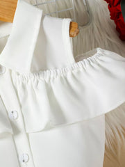 White toddler ruffled cold-shoulder top with button details