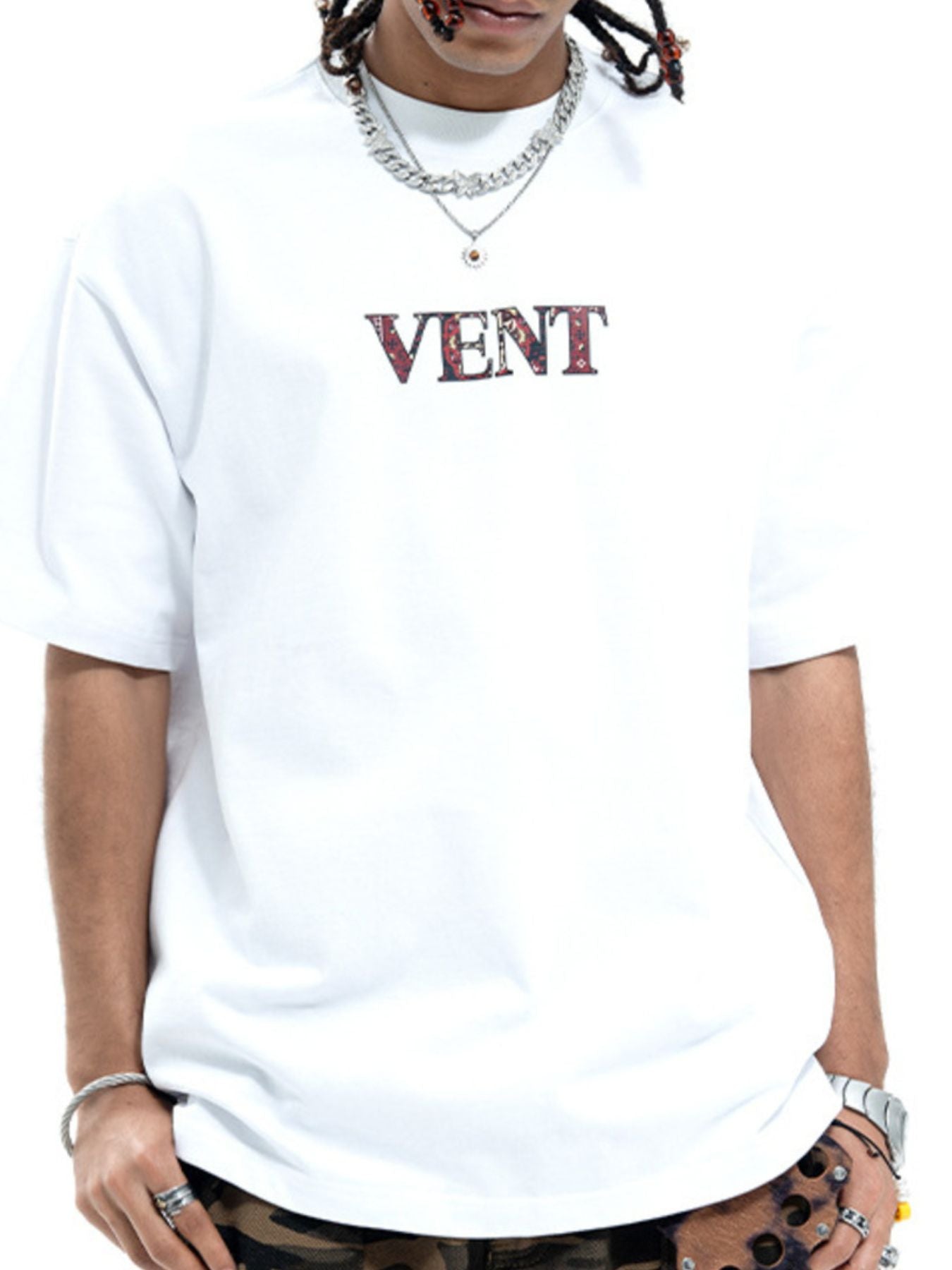White cotton crew neck t-shirt with bold VENT graphic on chest