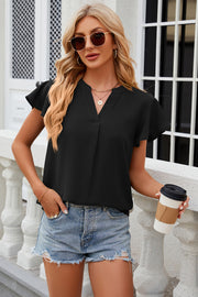 Black flutter sleeve v-neck blouse with a relaxed fit and casual styling.