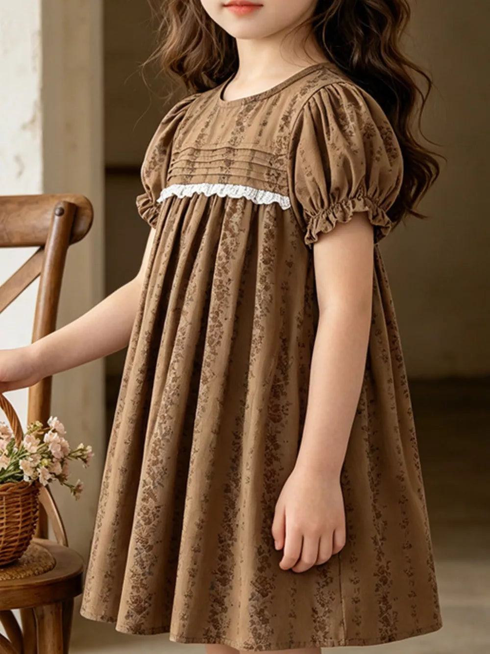 Children's Vintage Floral Puff Sleeve Dress, front view