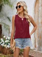 Burgundy perforated keyhole tank top with gathered neckline