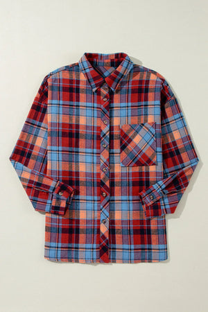 Oversized plaid shacket with button-down collar in orange and deep red tones.