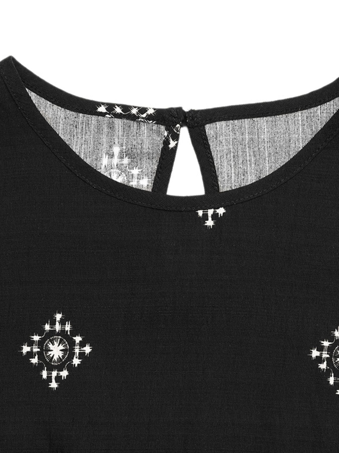 Black sleeveless top with geometric print and keyhole back detail.