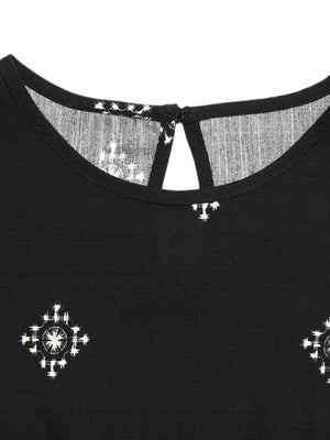 Black sleeveless top with geometric print and keyhole back detail.