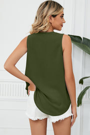 Dark green lace-trimmed V-neck tank top with a curved hem.