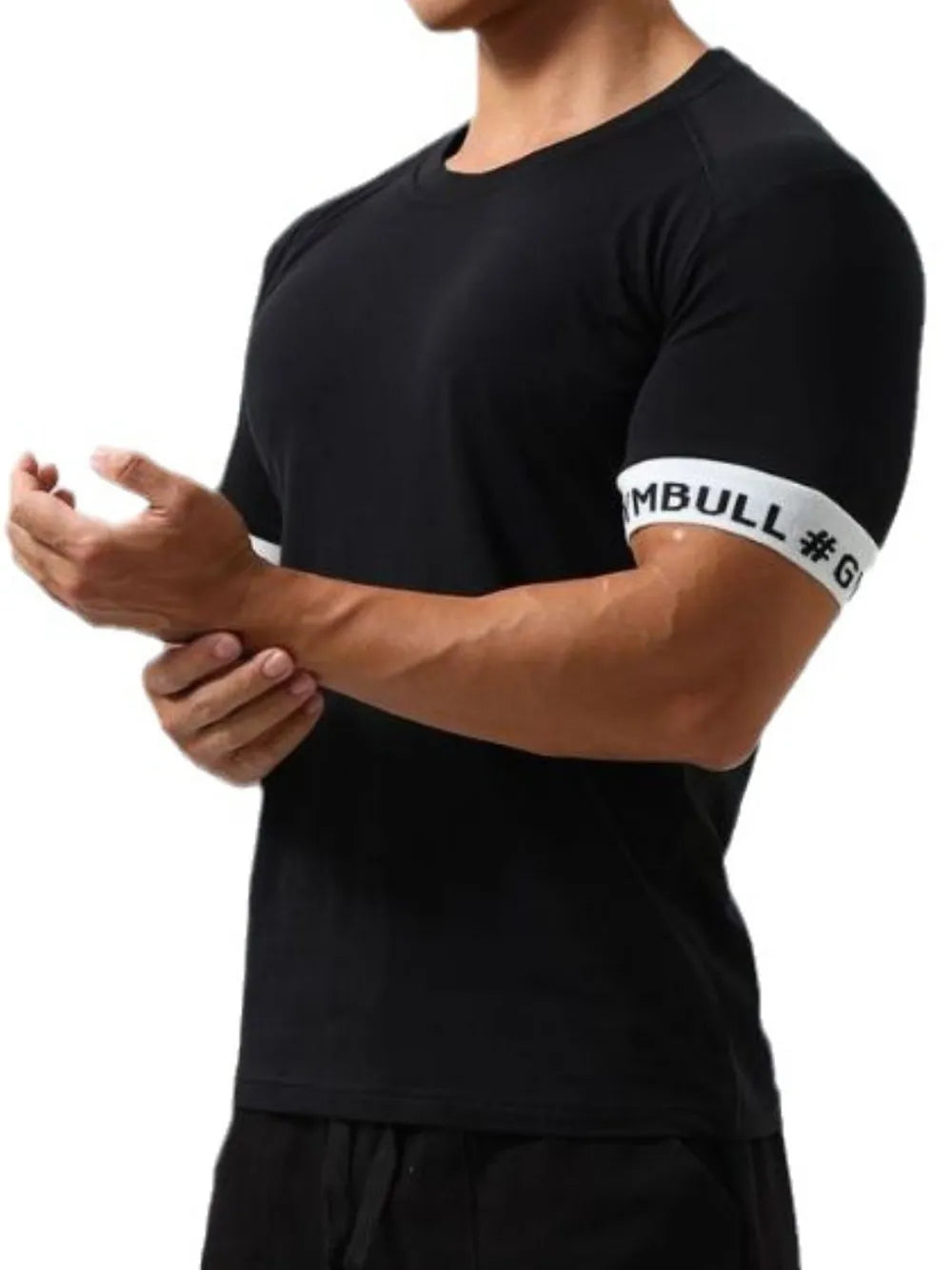 Black crewneck tee with white gymband sleeve detail