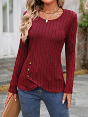 Burgundy ribbed long sleeve top with round neck and button detail