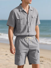 Grey relaxed-fit button-up shirt and drawstring cargo shorts set