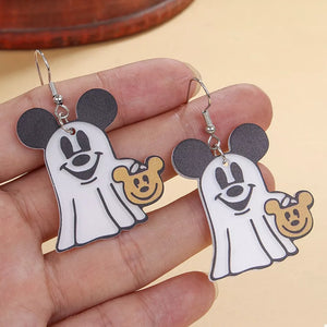 Charming ghost Mickey dangle earrings in black and sherbet acrylic with alloy hooks.