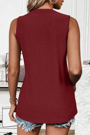 Burgundy textured sleeveless scoop neck tank top with eyelet pattern