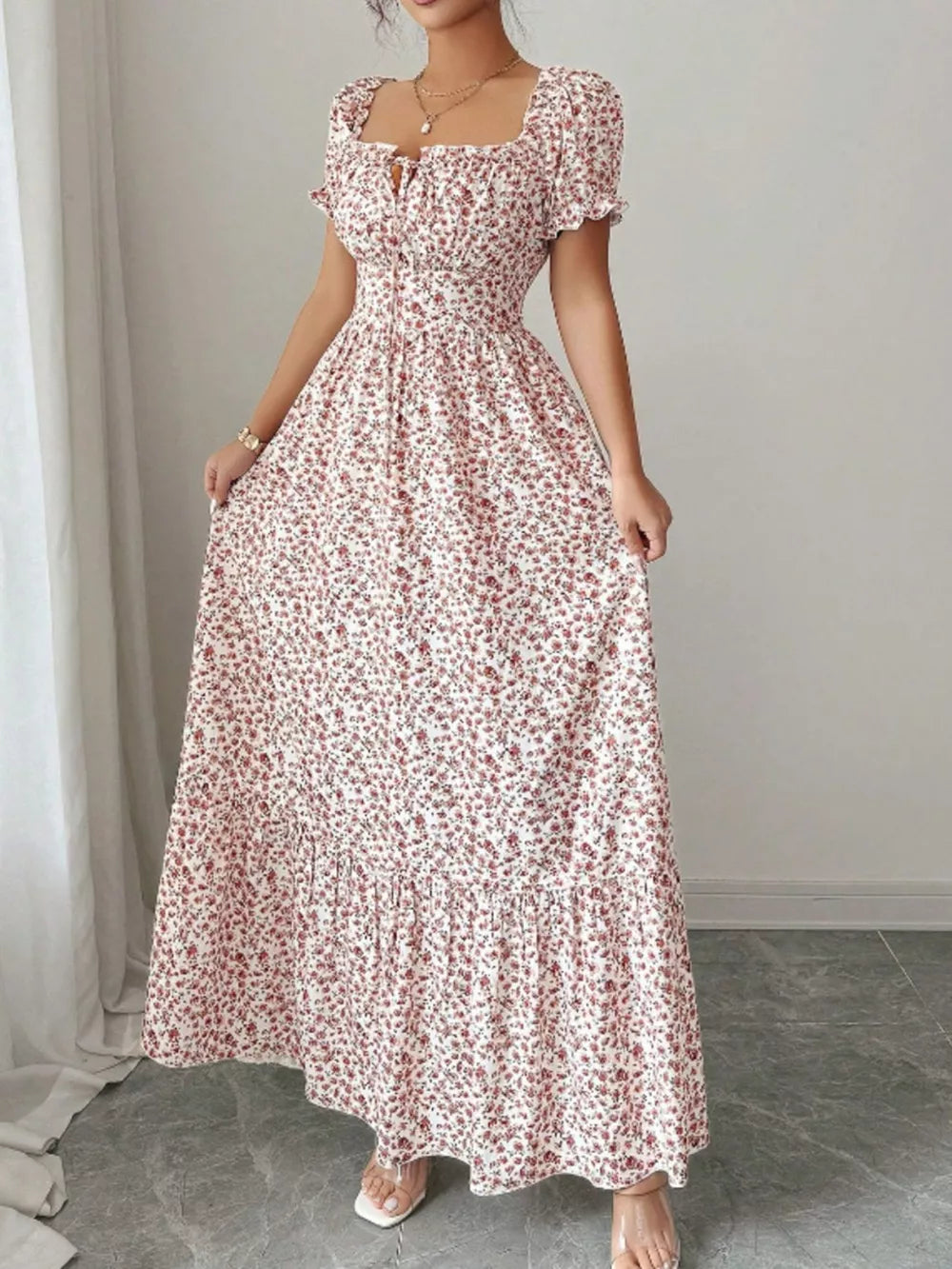 Floral Print Puff Sleeve Maxi Dress in Red, close-up detail