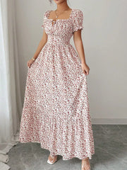 Floral Print Puff Sleeve Maxi Dress in Red, close-up detail