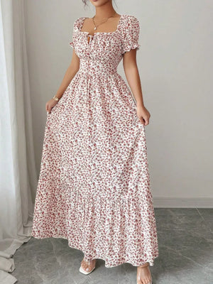 Floral Print Puff Sleeve Maxi Dress in Red, close-up detail