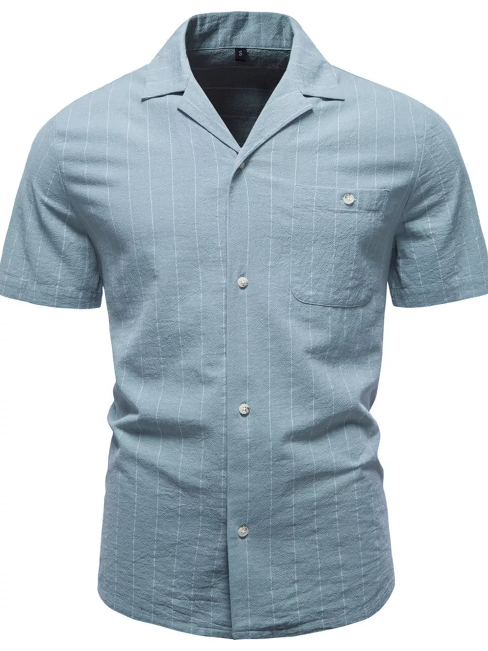 Light green striped short-sleeve button-front shirt with camp collar and chest pocket.