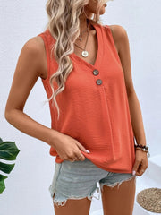 Orange textured V-neck tank top with button front detail