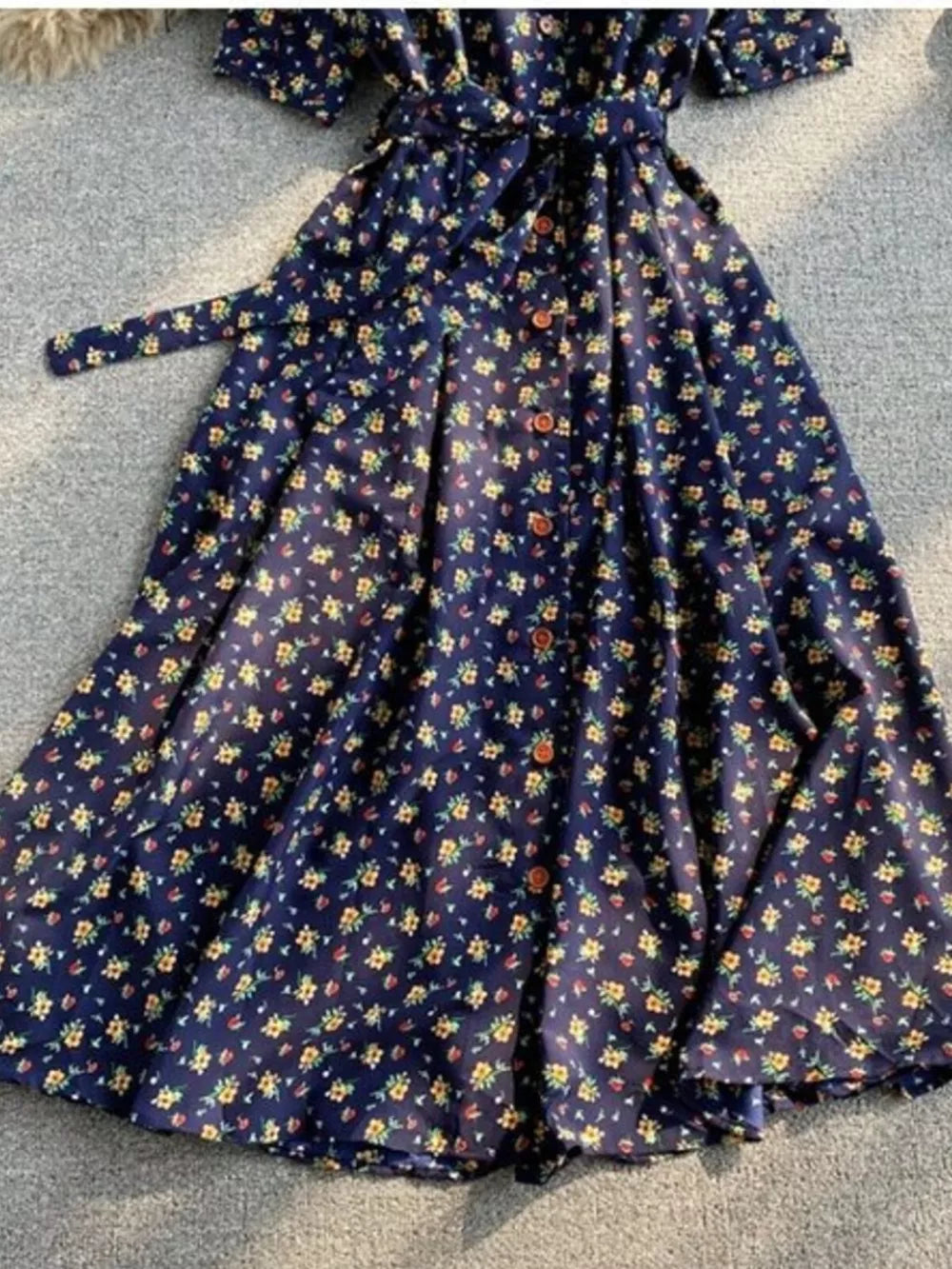 Dark blue floral midi dress with buttons and belted waist