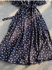 Dark blue floral midi dress with buttons and belted waist