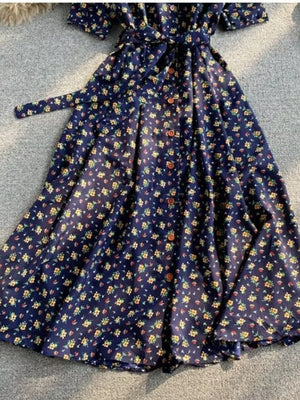 Dark blue floral midi dress with buttons and belted waist