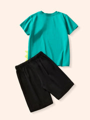 Teal cotton t-shirt and black shorts set with a dinosaur tail detail.