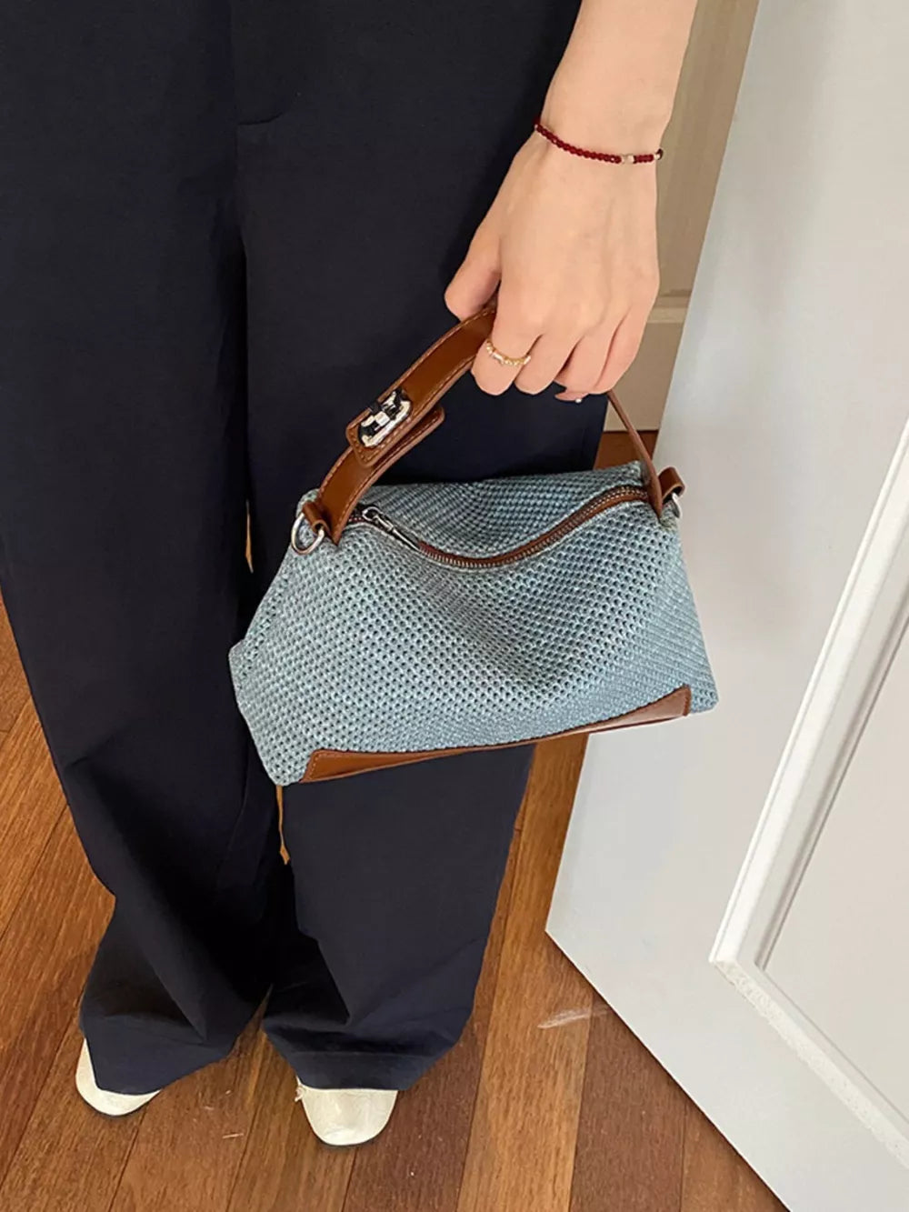Woven Texture Crossbody Bag in Blue, close-up detail