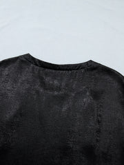 Black metallic tee with round neck and cap sleeves, made of polyester and spandex blend.