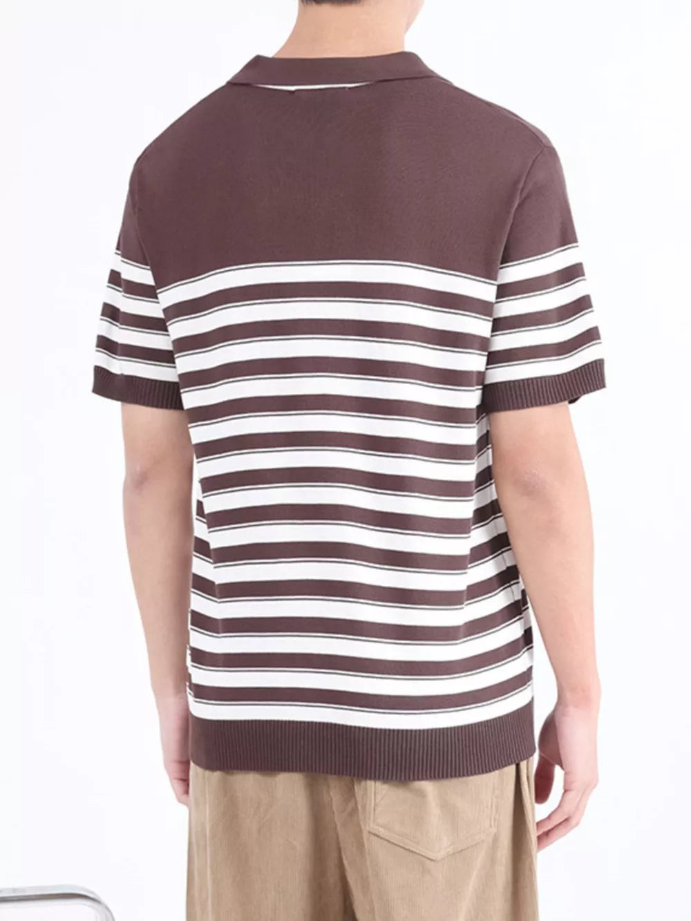 Brown and white striped knit polo shirt for men with short sleeves and a collar.