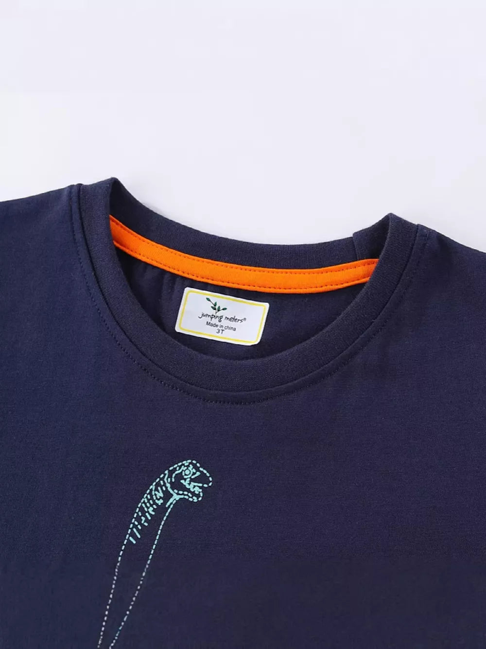 Navy cotton crew neck t-shirt with a light blue dinosaur graphic and orange neck trim.