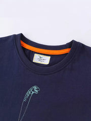 Navy cotton crew neck t-shirt with a light blue dinosaur graphic and orange neck trim.