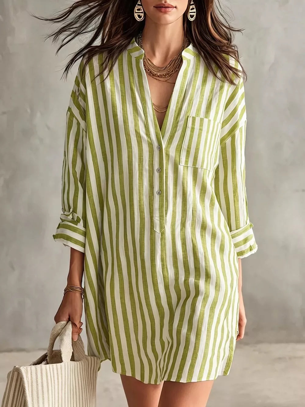 Full Size Striped 3/4 Sleeve Shirt Dress Plus Size in Green, back view